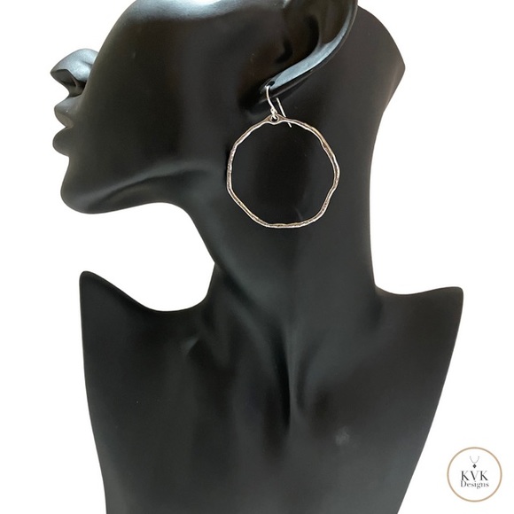 SILVER HAMMERED HOOP EARRINGS, BOHO EARRINGS - Picture 2 of 6